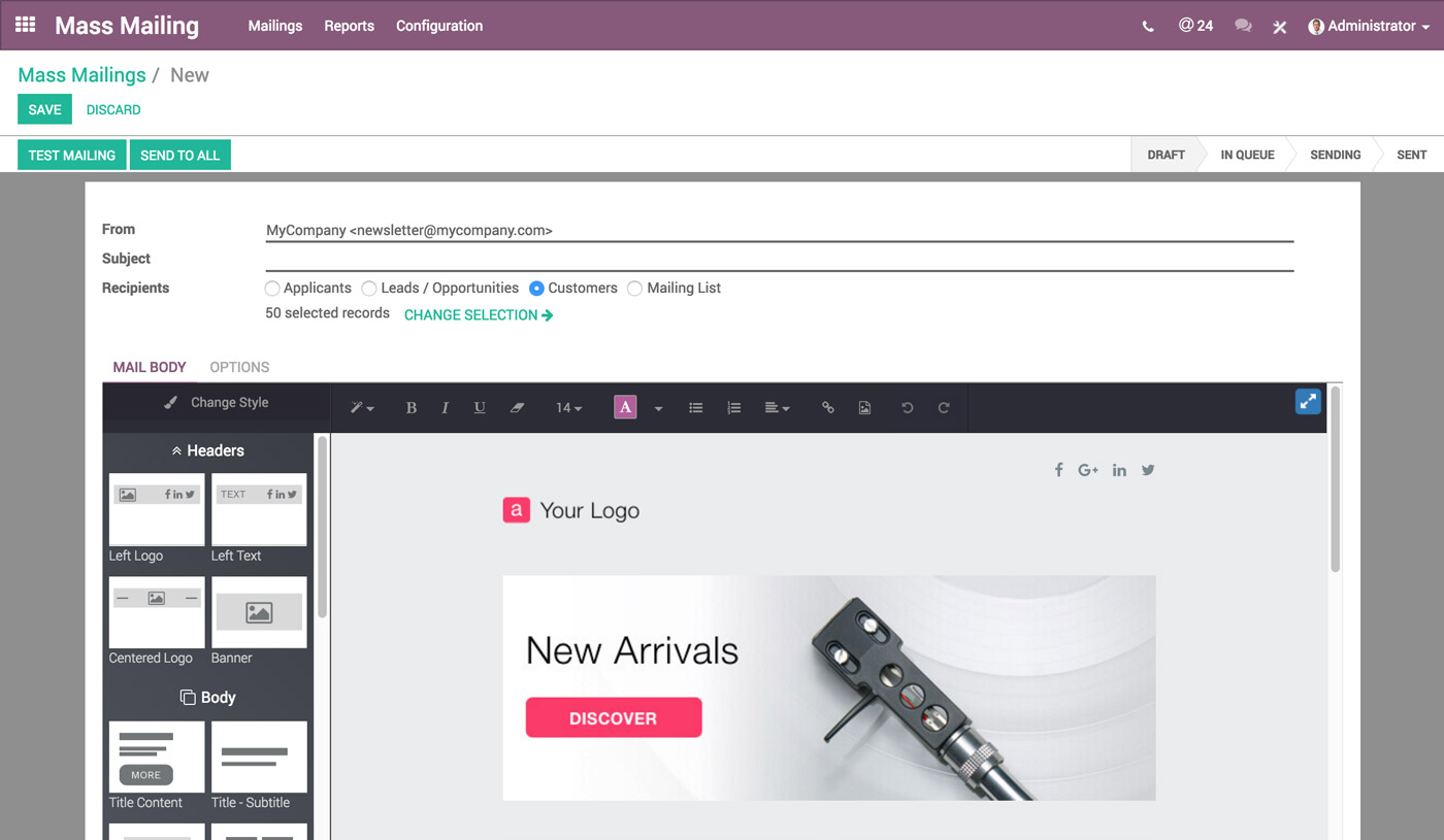 Odoo Email Marketing interface