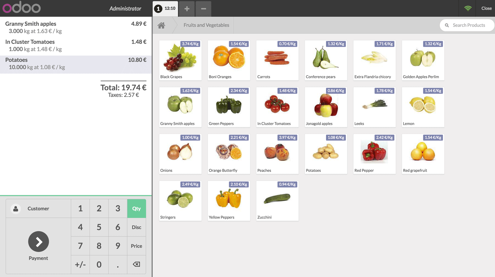 Odoo Point of Sale - Cash register interface showing a list of fruit and vegetables