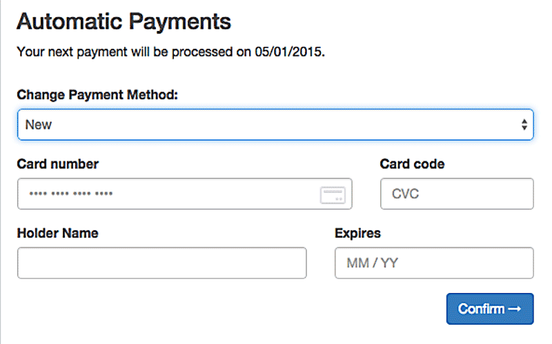 Una interfaz de formulario que configura pagos automáticos