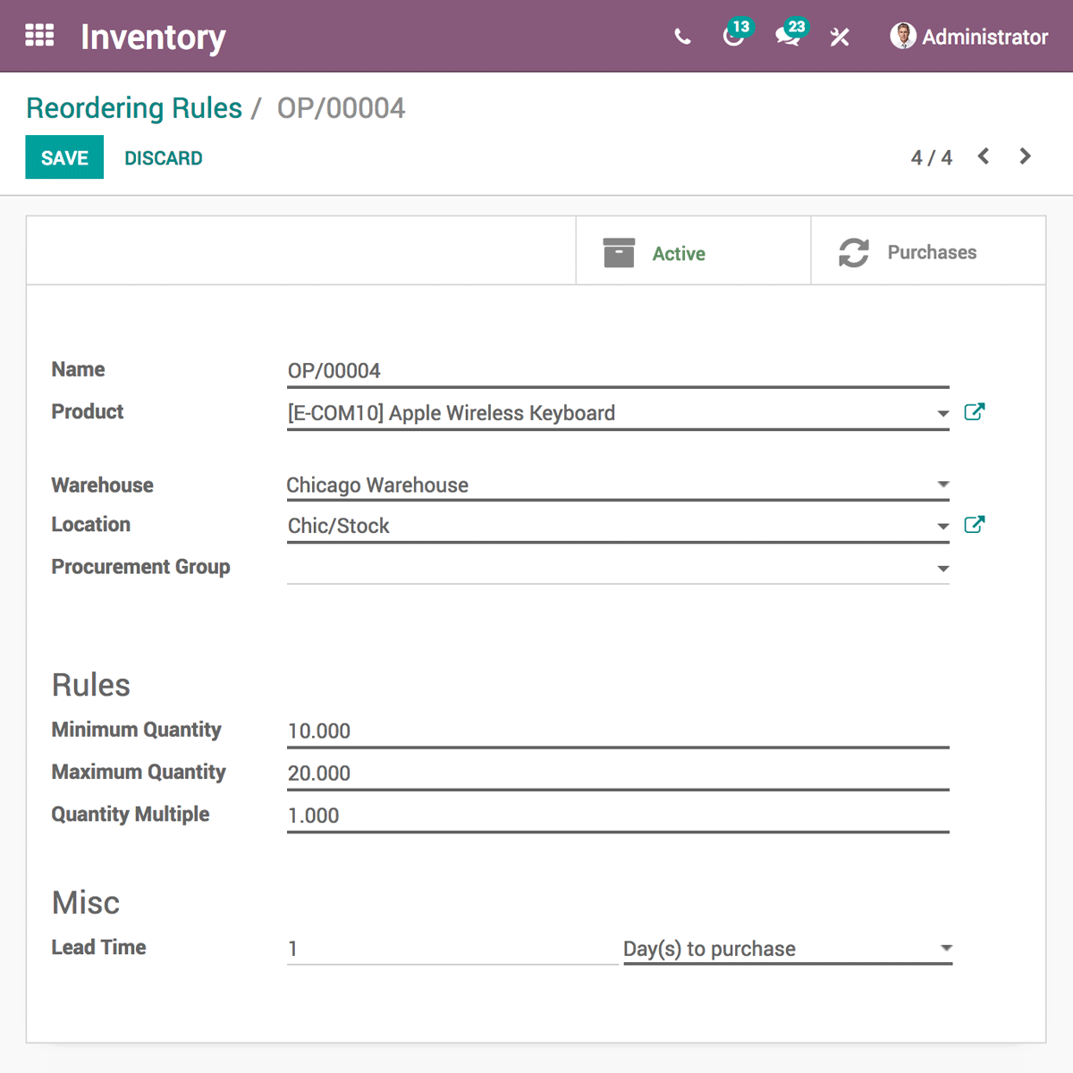 Odoo Inventory interface showing a reordering rule