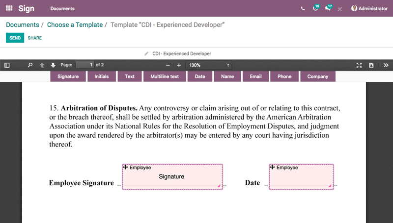 Odoo Sign interface showing a template of a contract with areas to fill out