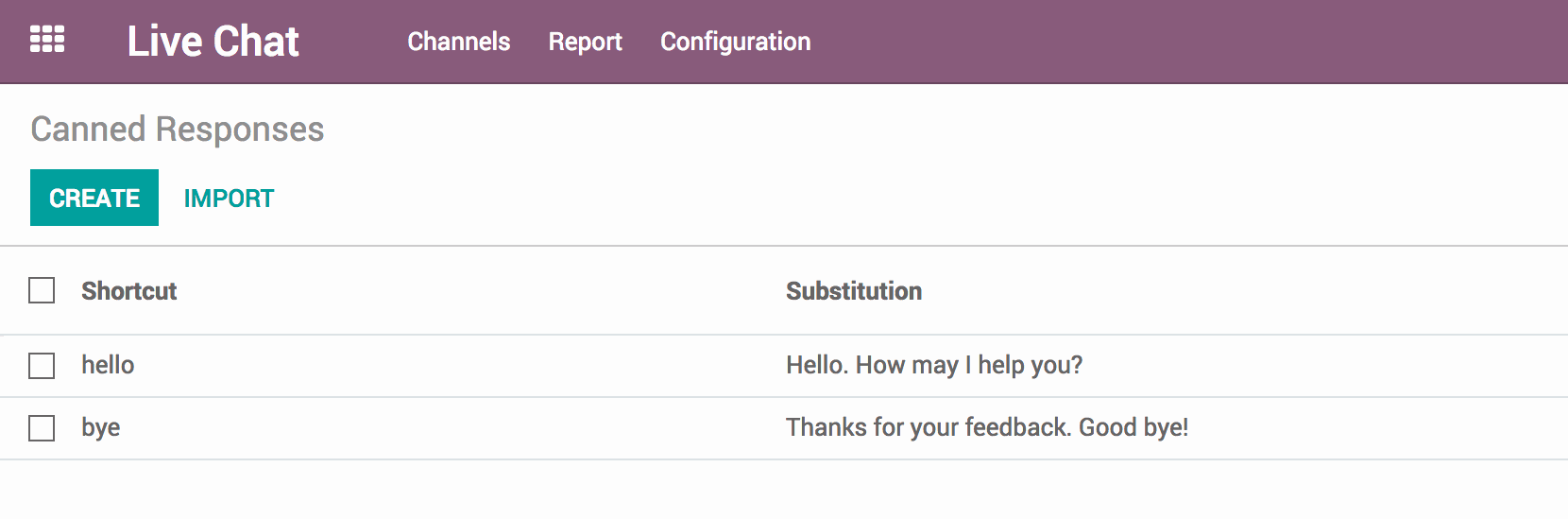 Odoo Live chat interface with a list of Canned Responses