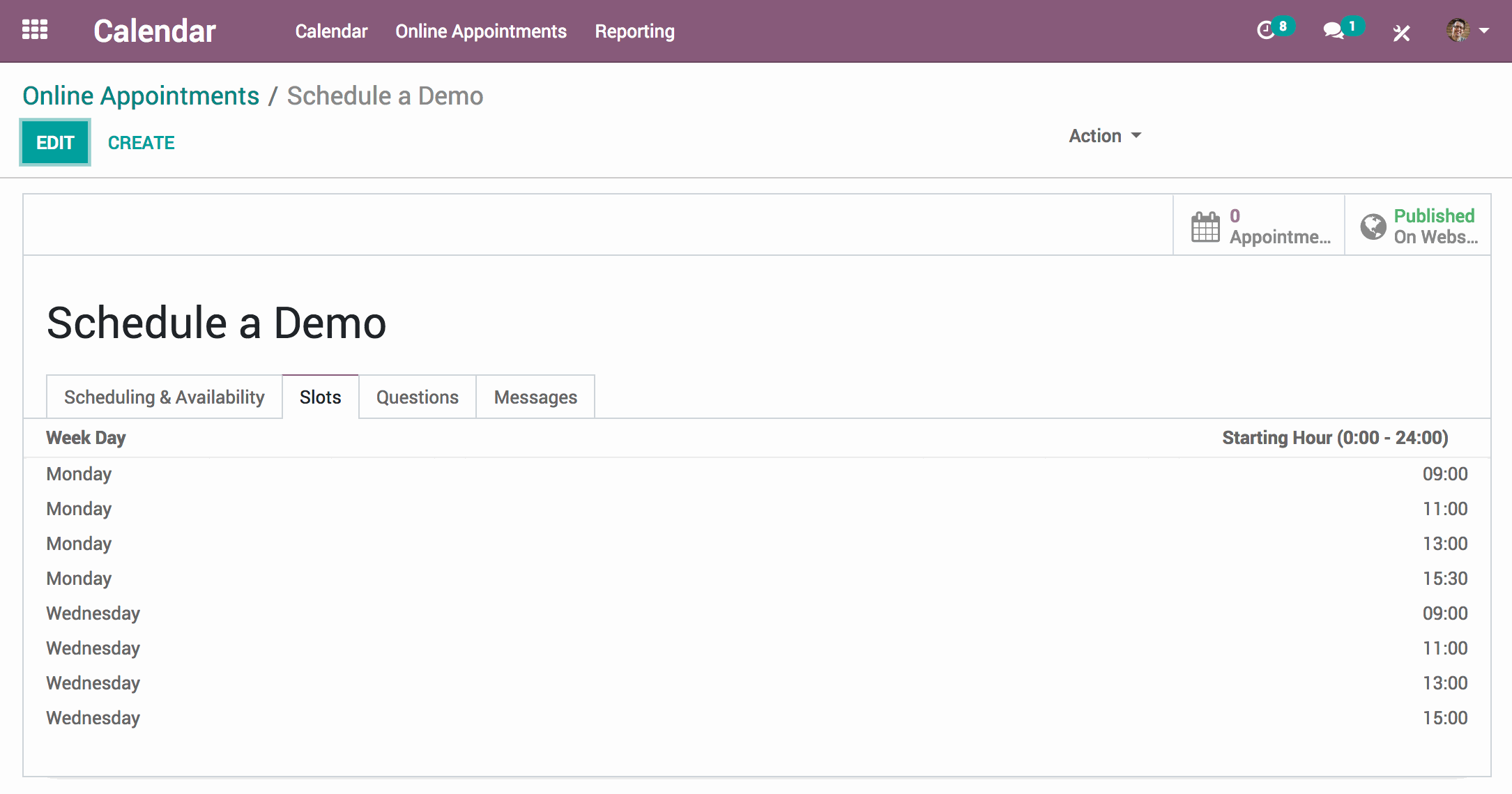 Odoo Appointment's backend interface showing the slots available for an appointment