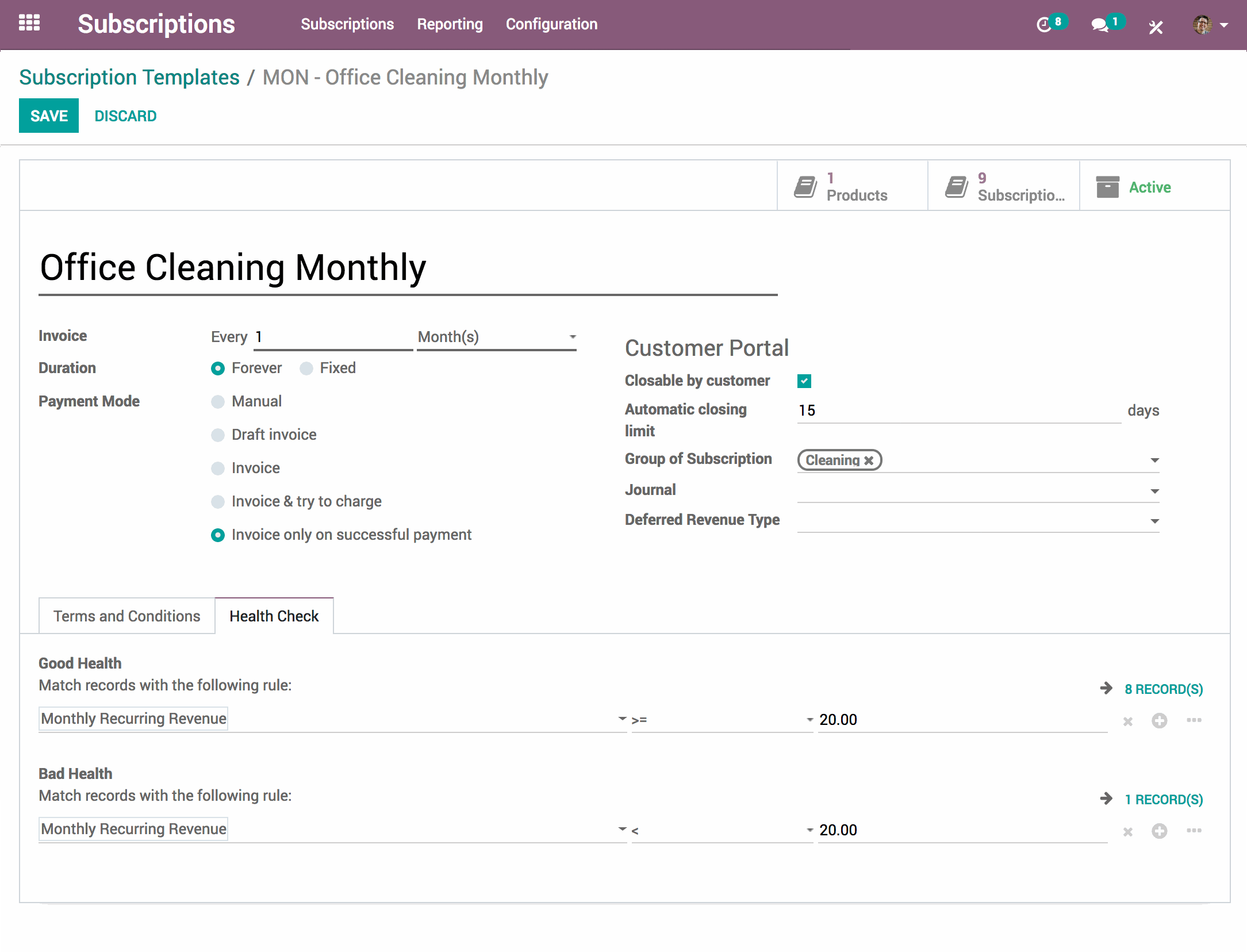 Odoo Subscriptions interface setting up a subscription