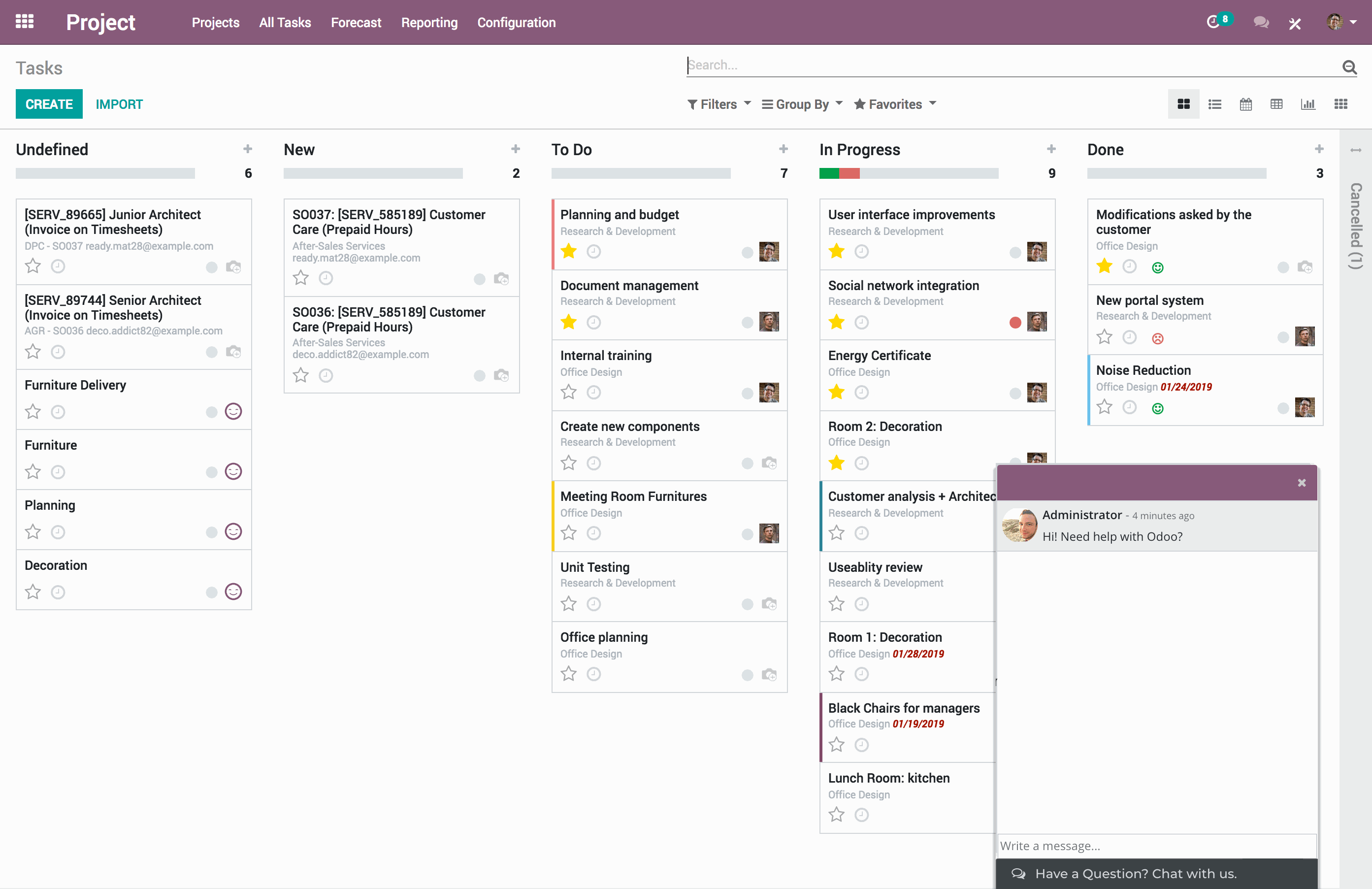 A chat window open in the Odoo Project app