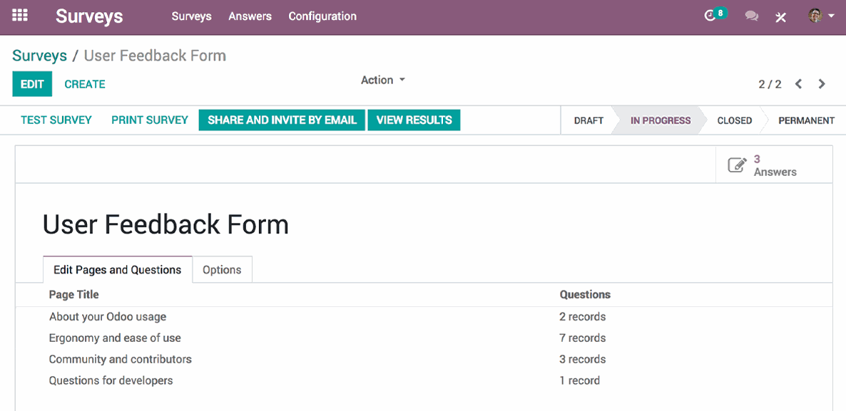 A backend view of the user feedback form in Odoo Surveys