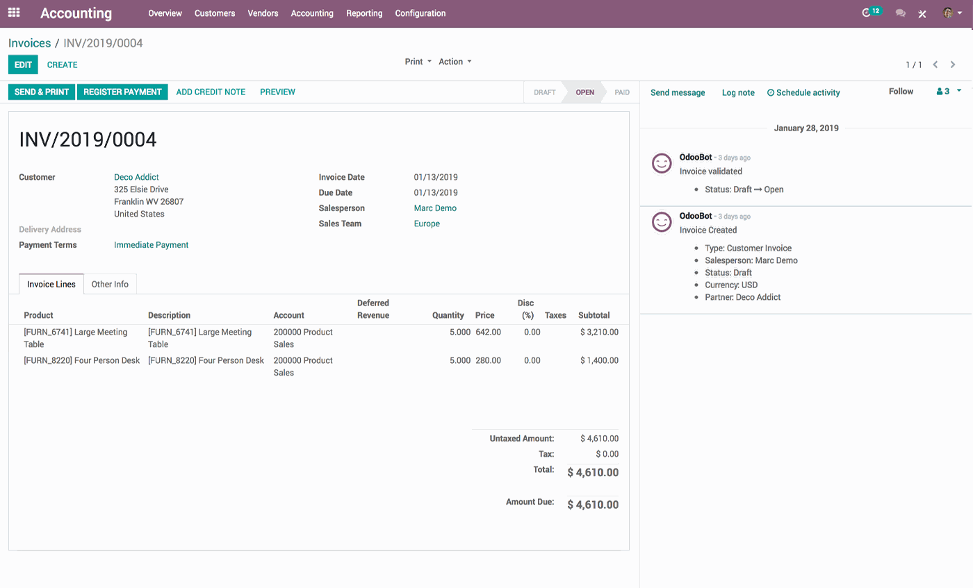 Backend interface of an invoice in Odoo Accounting