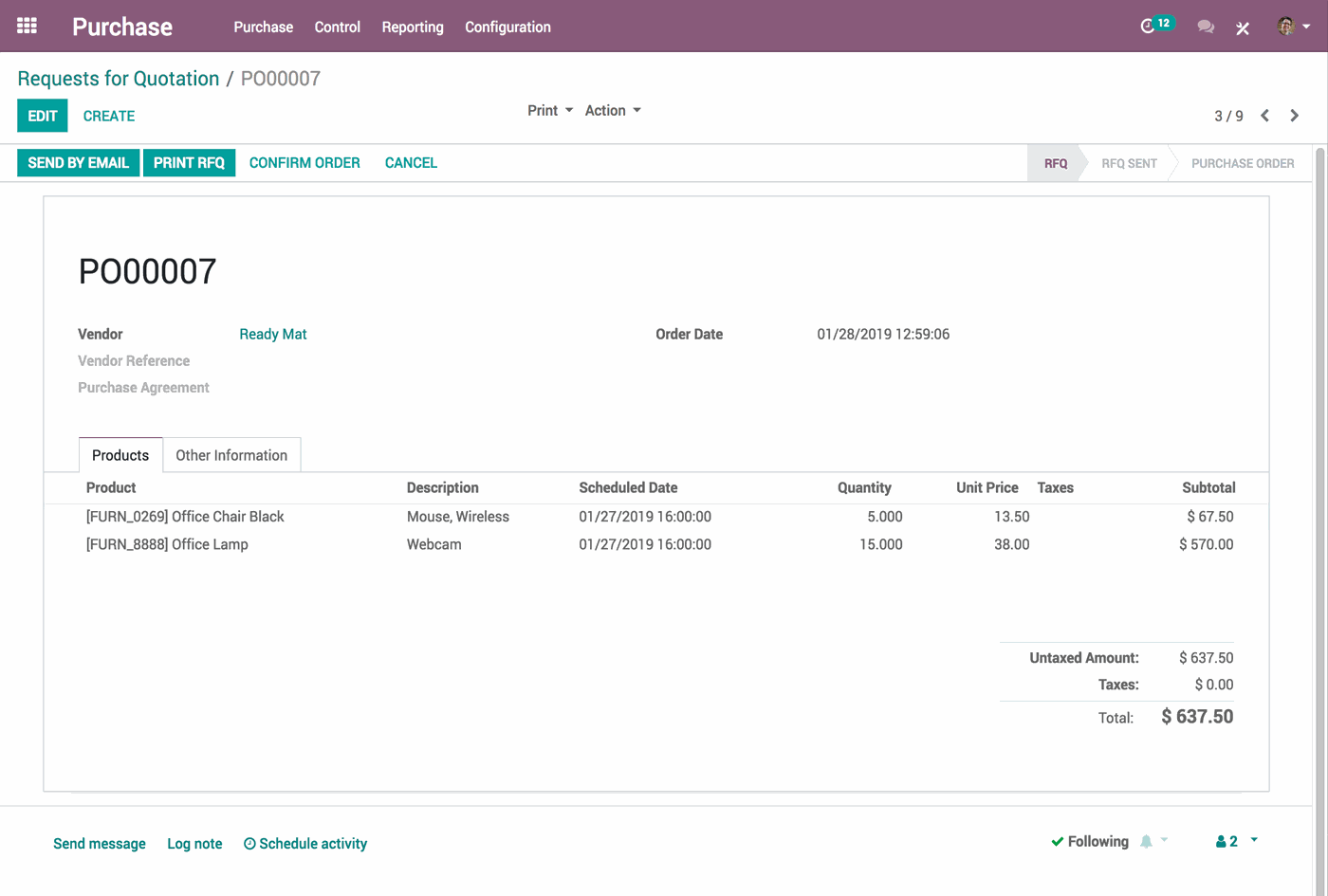 Odoo Purchase interface for a request for quotation