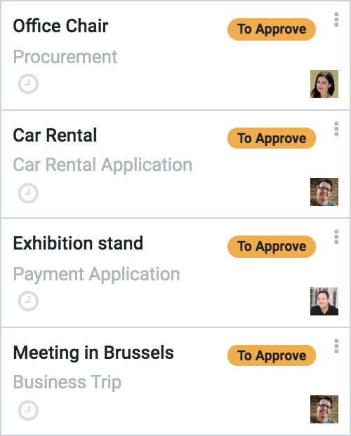 Closeup of requests with a 'to approve' tag: Procurement - Car rental Application - Payment Application - Business Trip