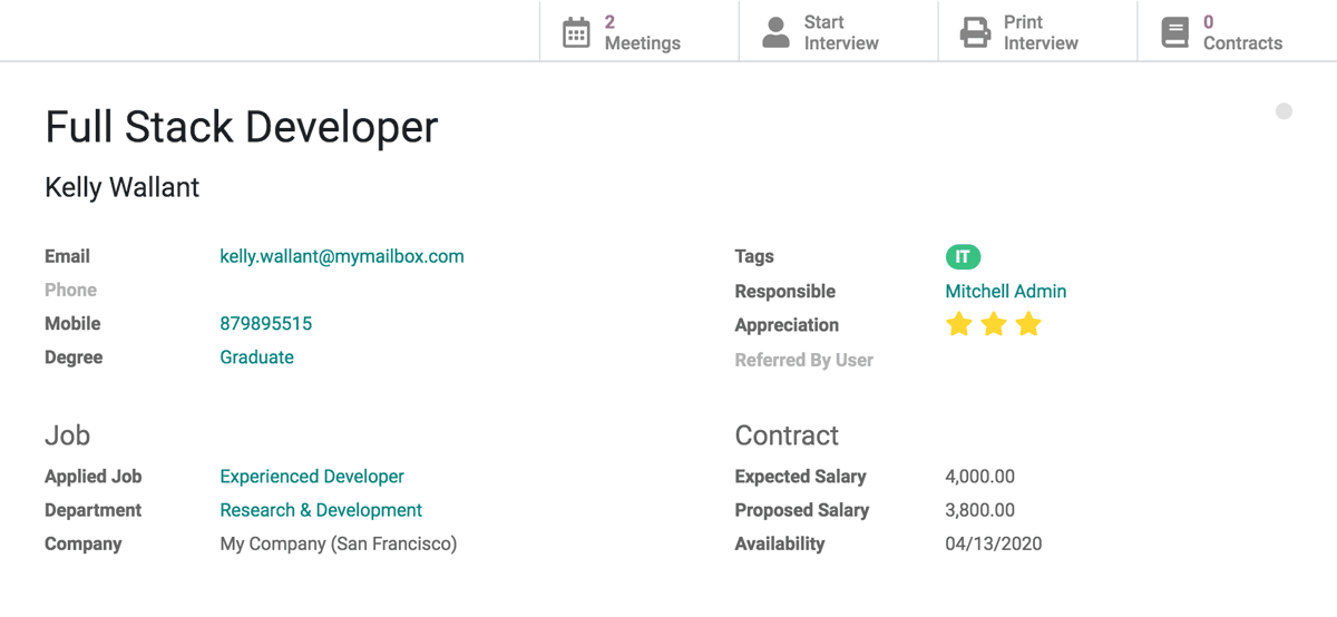 Backend interface of a job candidate's profile