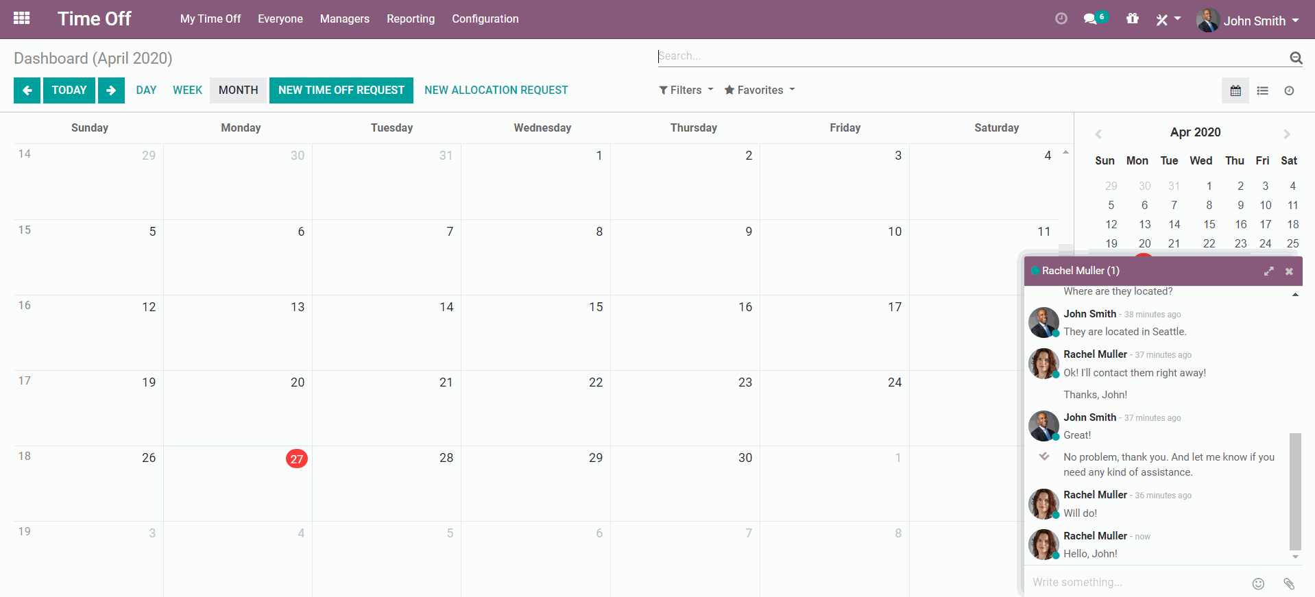 Odoo Calendar's interface with the Discuss app open in the bottom right corner of the screen