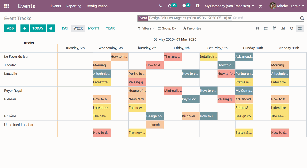 Odoo Events interface - Event tracks in gantt view