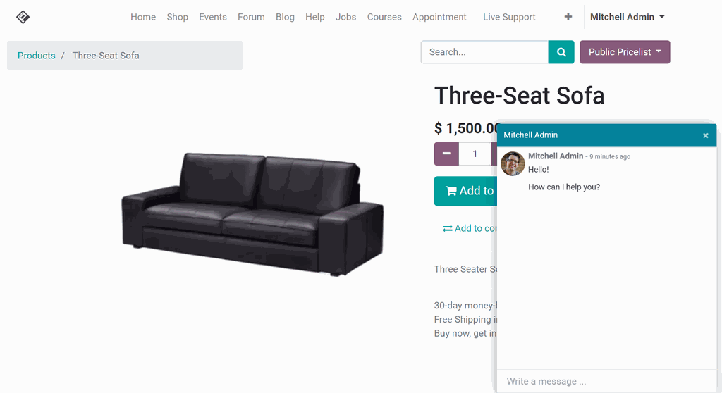 eCommerce product page with chat window in bottom right corner