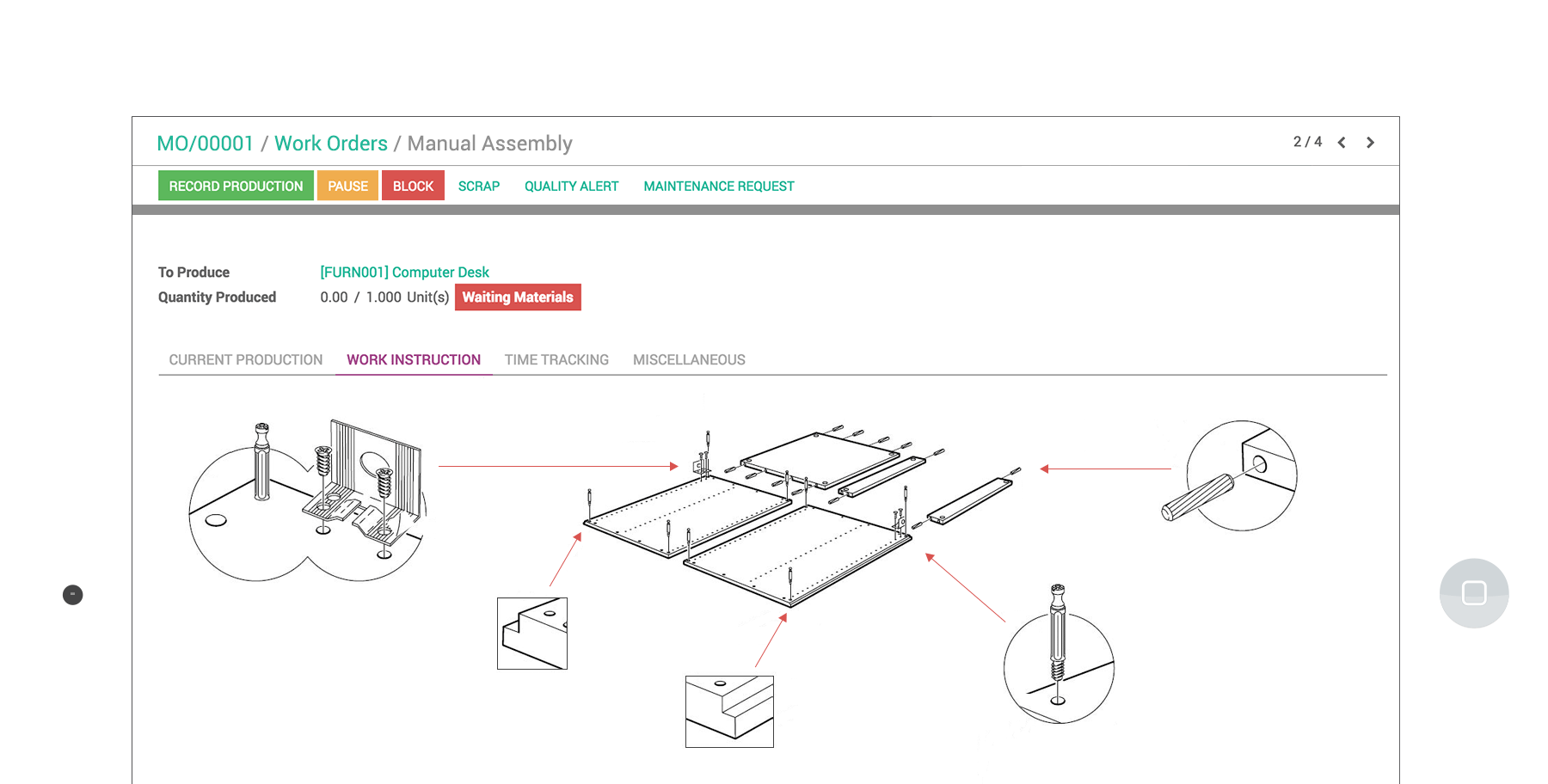 De tablet interface van Odoo Productie waarop een manuele montage voor een werkorder te zien is