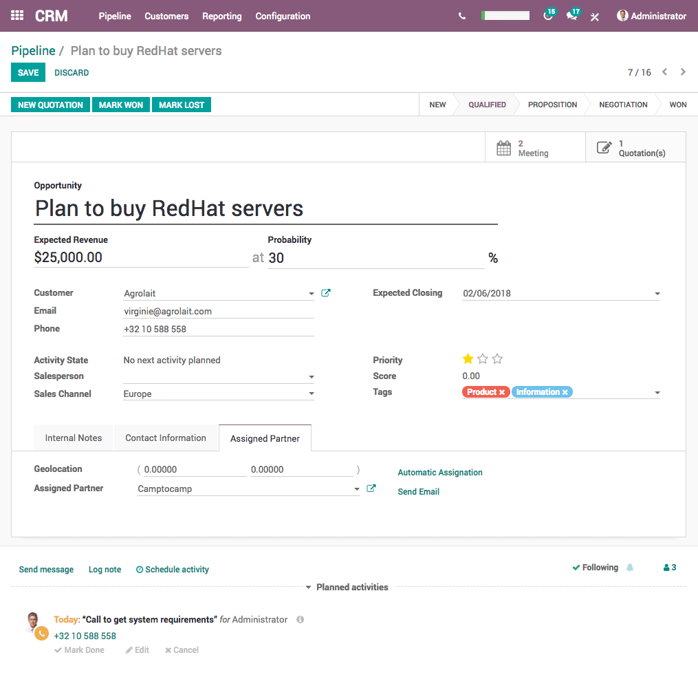 L'interface d'Odoo CRM pour éditer une opportunité