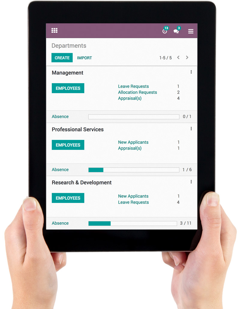 在 iPad 上使用 Odoo 員工管理工具 － 管理不同部門資料