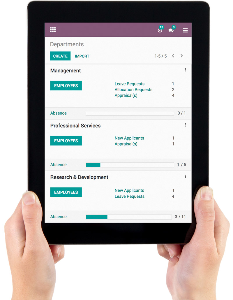 Odoo Employés sur iPad - Gestion des départements