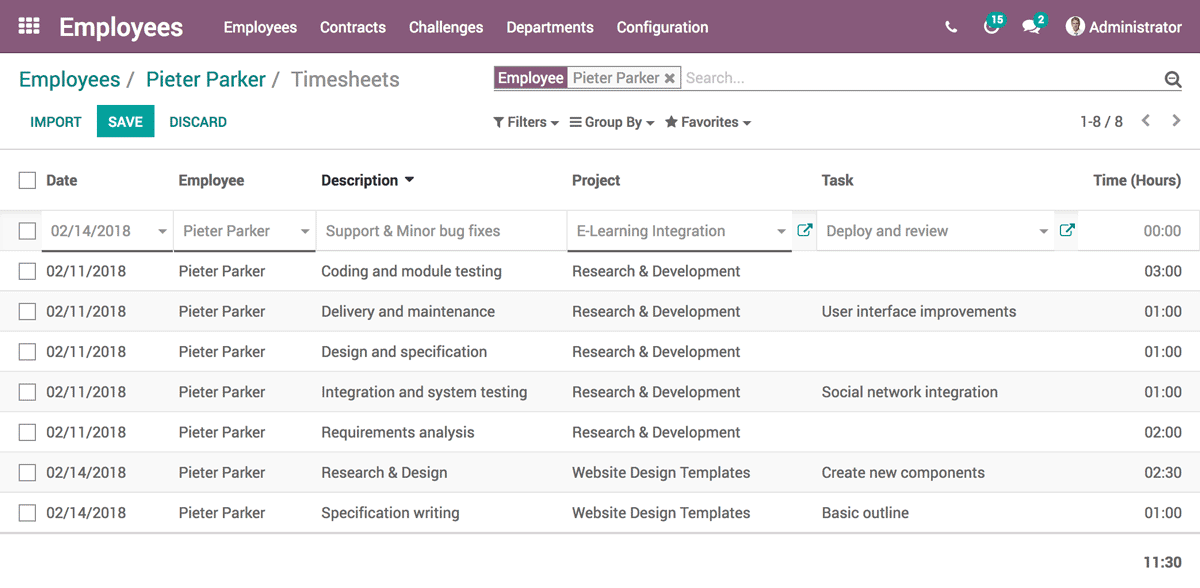 Odoo Employees interface showing an employee's timesheets