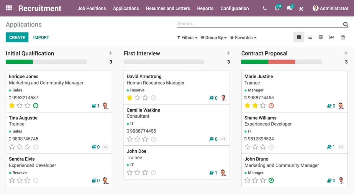 Odoo 招聘工具，顯示正處於遴選階段的申請者
