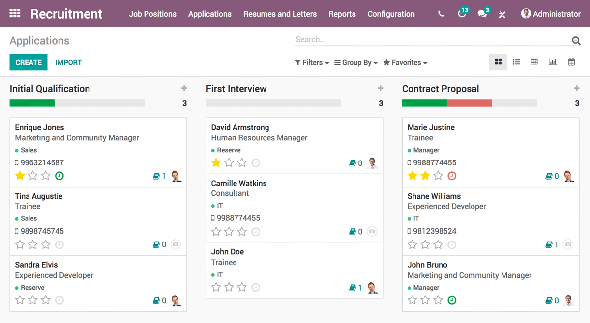 Рекрутинг Odoo показує поточних заявників 