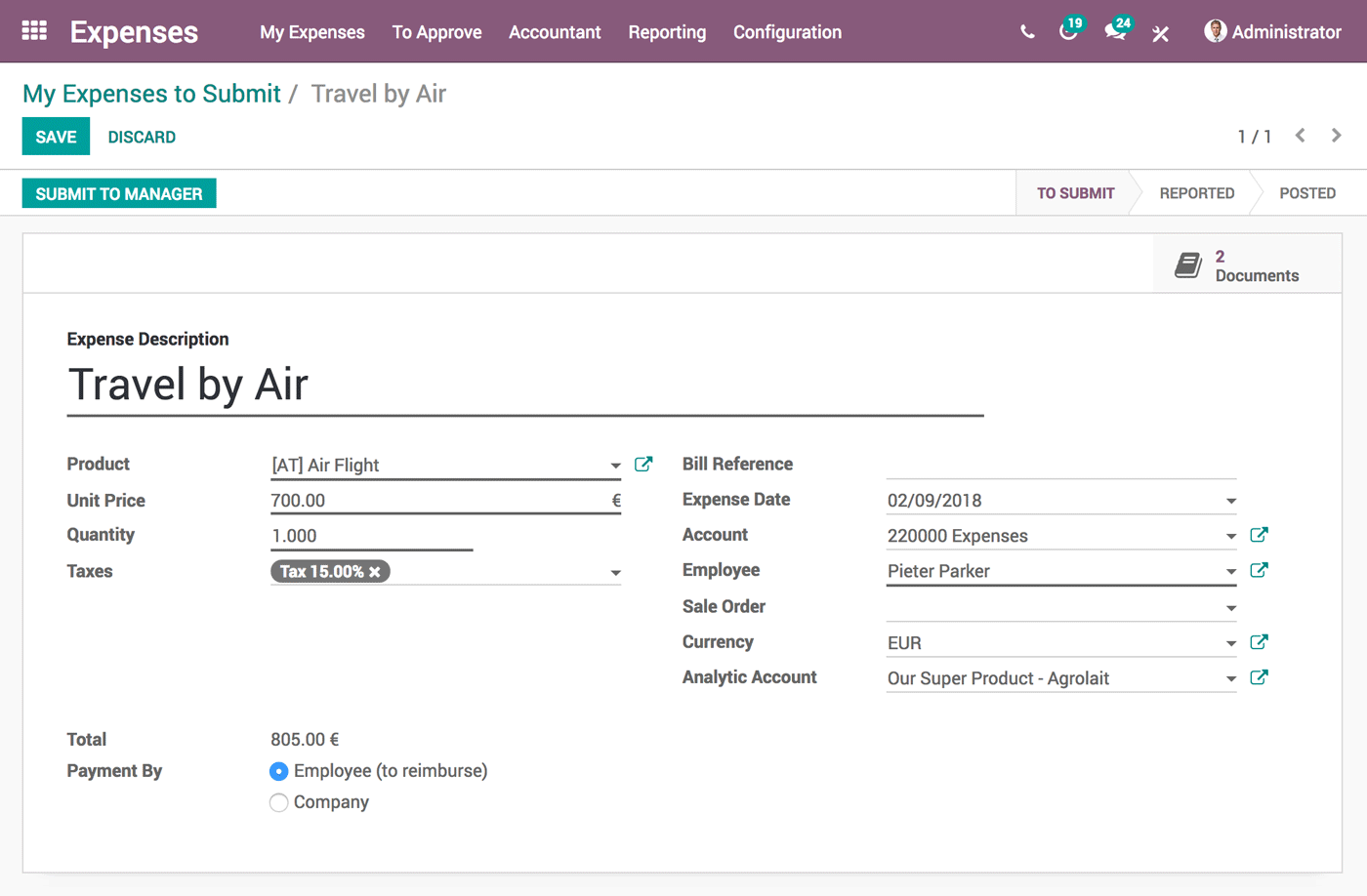 Interface d'Odoo Notes de Frais montrant une dépense de voyage en cours de soumission