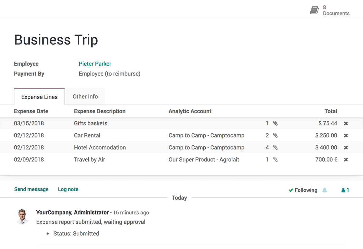 Voorbeeld van een zakenreis-onkost in de backend interface van Odoo Onkosten