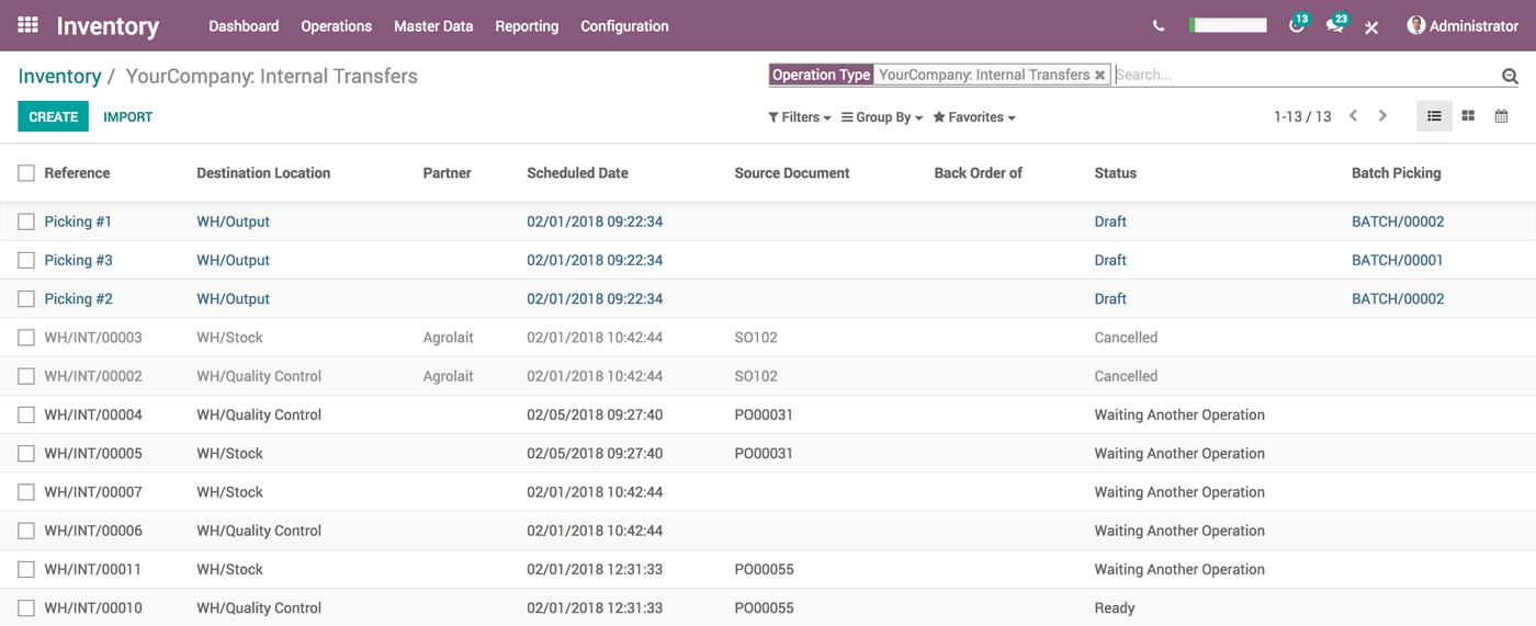 Interfaz de Inventario de Odoo de traslados internos