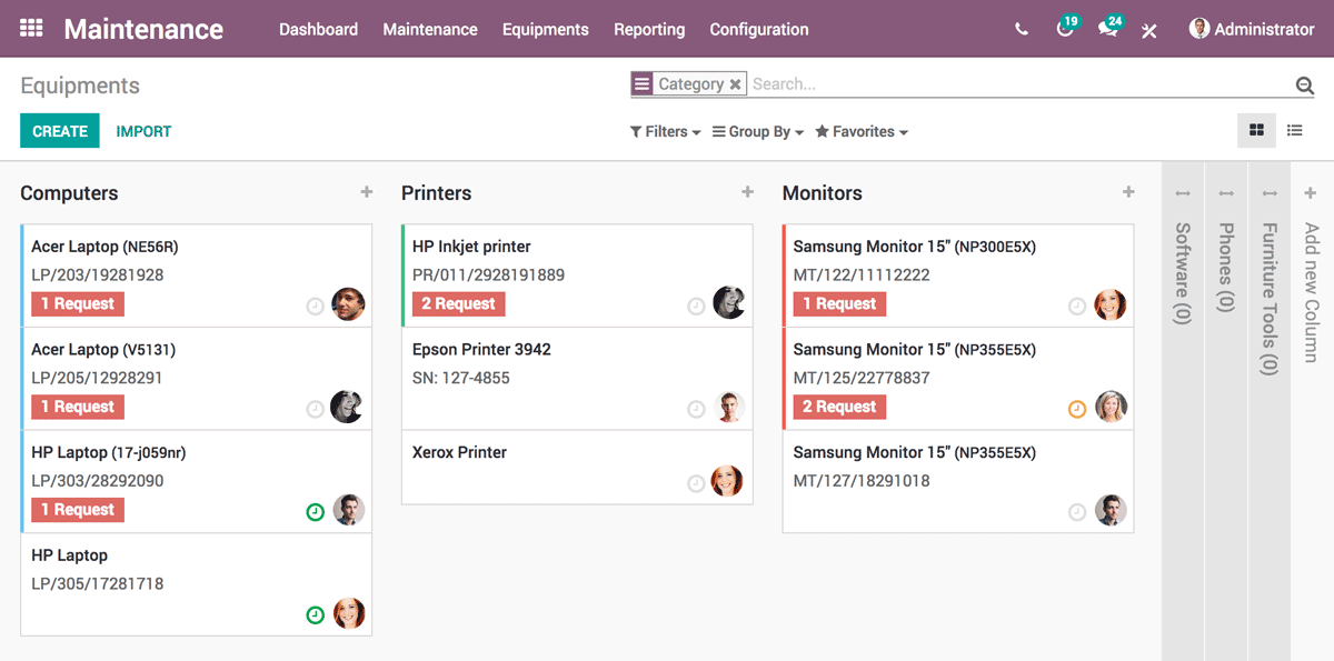 Interface de Odoo Manutenção mostrando um equipamento