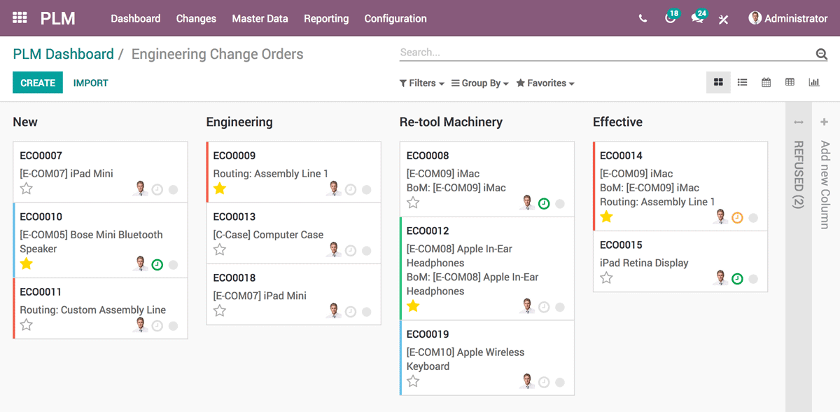 อินเตอร์เฟซแดชบอร์ด Odoo PLM