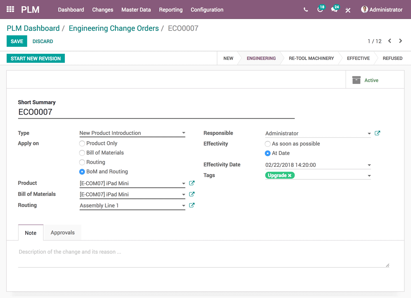 Un elenco di ordini di modifica tencica in Odoo PLM