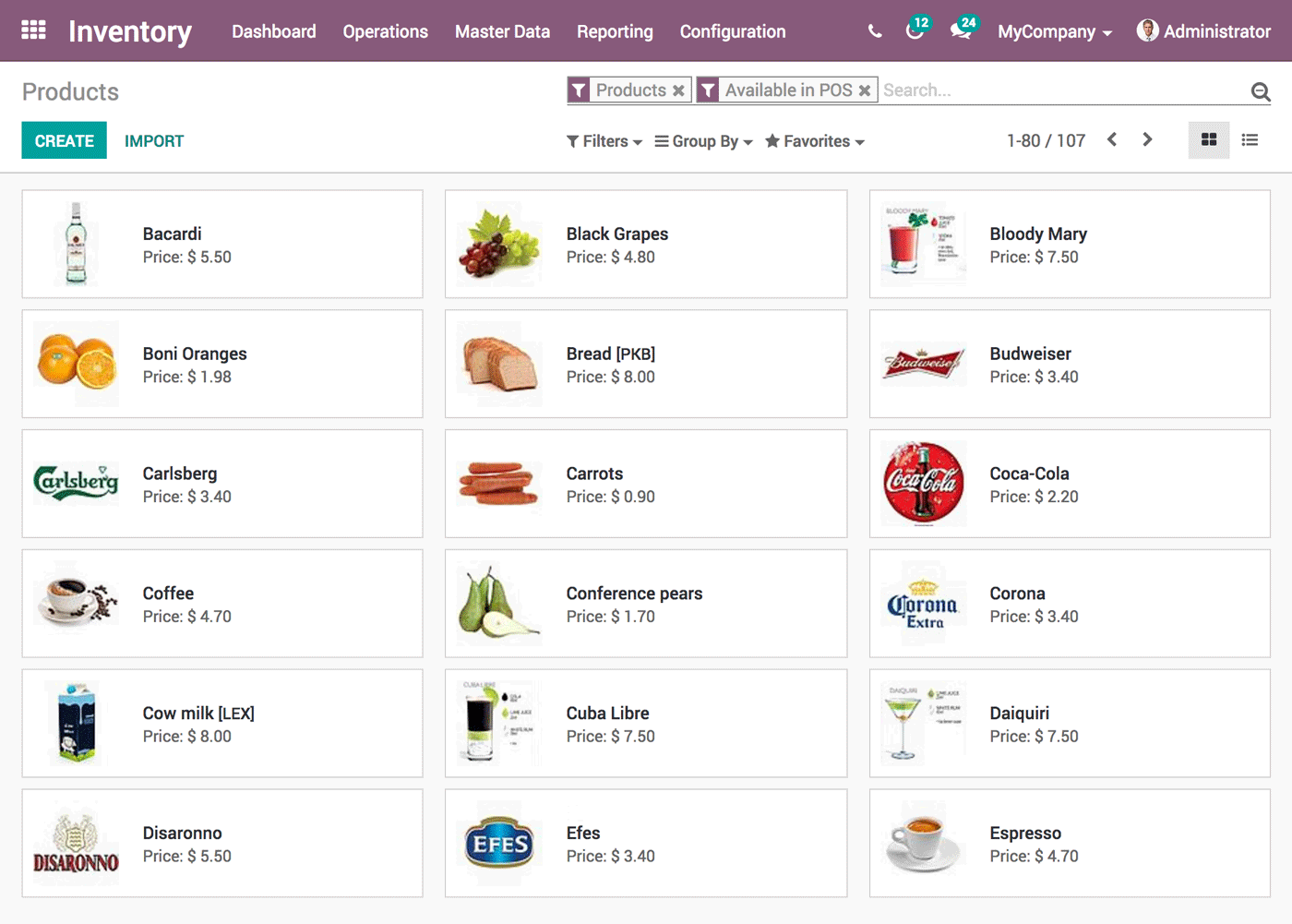 Interfaz de productos de la aplicación Inventario de Odoo