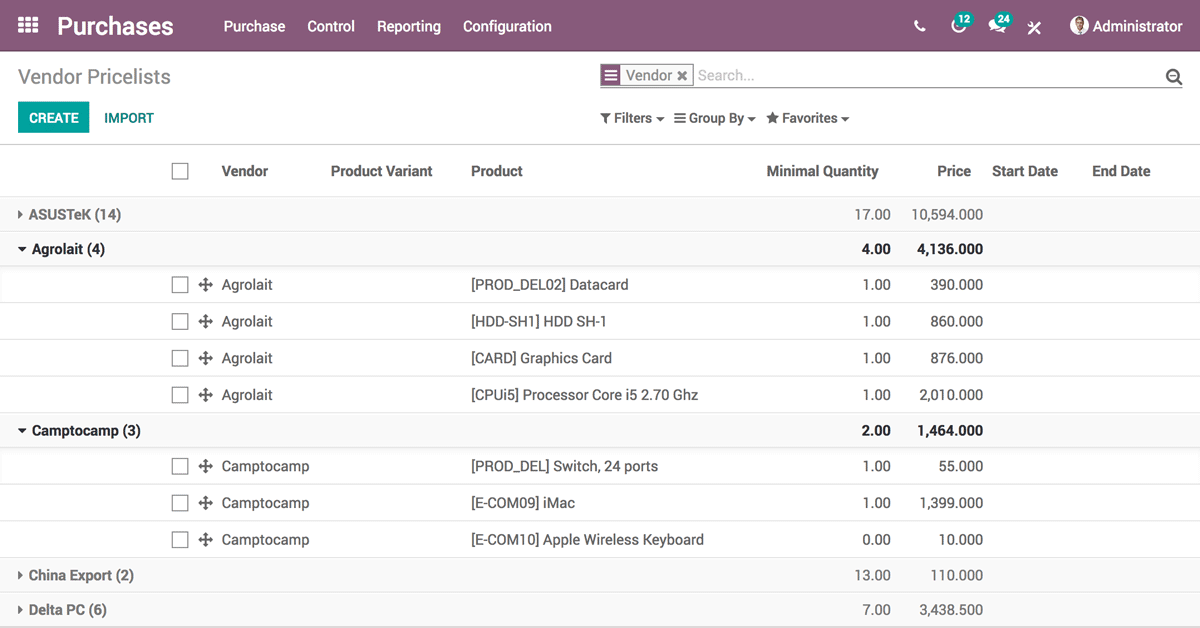 Odoo Purchase interface showing vendor pricelists