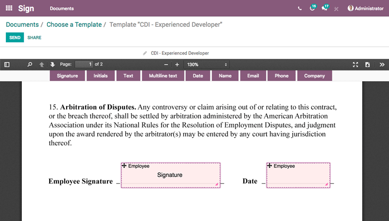 Interfaz de la aplicación Firma electrónica de Odoo que muestra una plantilla de un contrato con áreas por completar