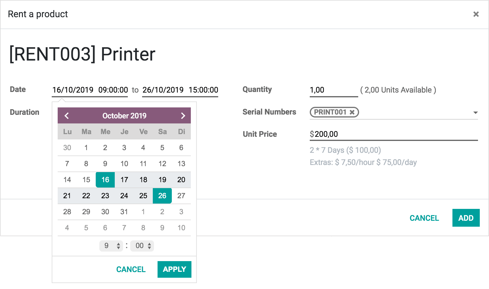Un formulario que se completa para alquilar una impresora en la aplicación de Alquiler de Odoo