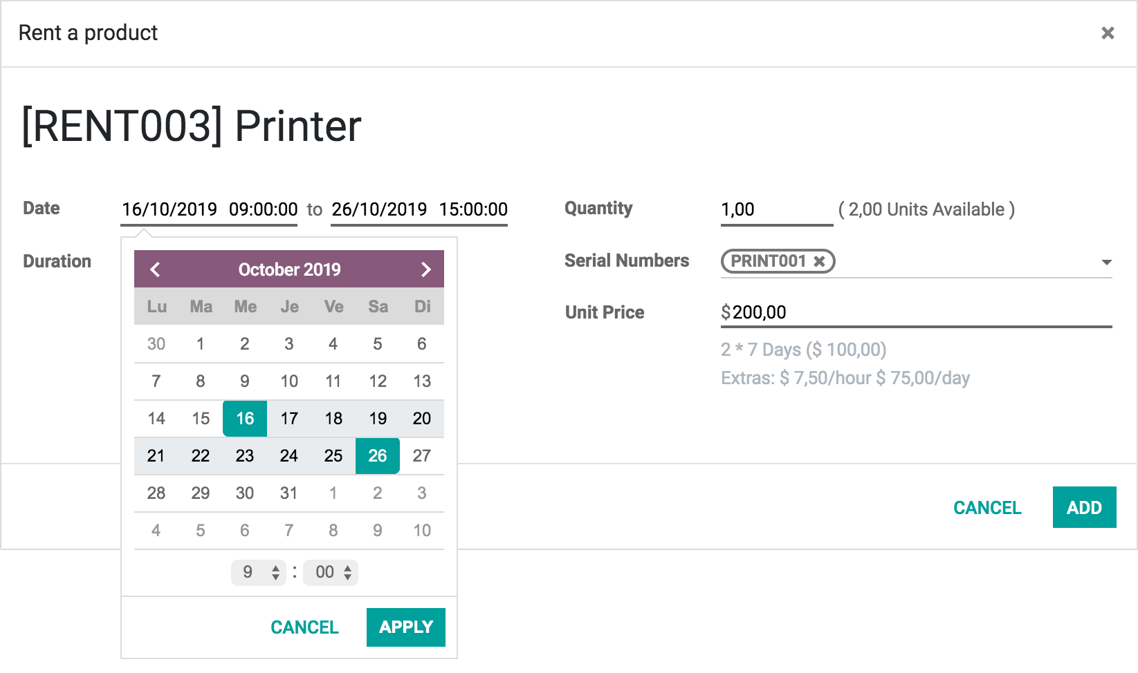 Formulir yang sedang diisi untuk menyewa printer di Rental Odoo