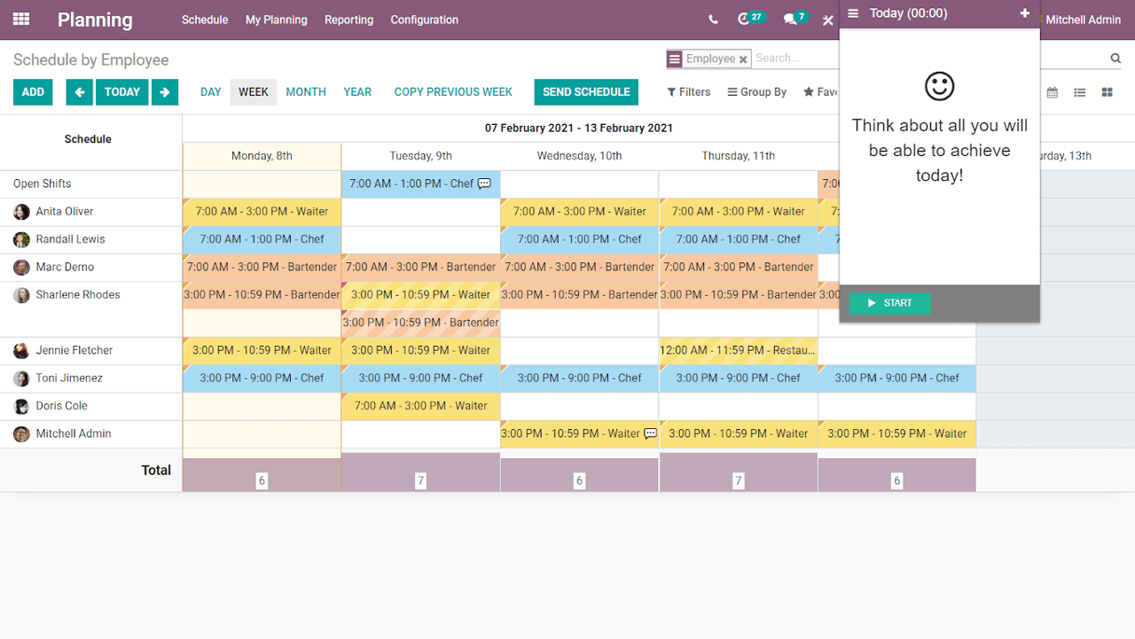 Interfaz de Gantt de Planeación de Odoo con un recordatorio emergente para empezar a registrar hojas de horas