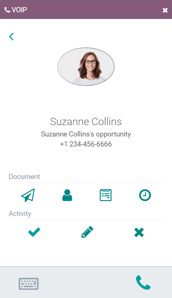 Odoo VoIP interface met een aantal taakknoppen