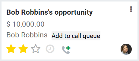 An Odoo CRM opportunity card with option to add contact to call queue