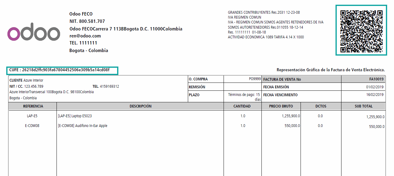 Ejemplo de una factura electrónica colombiana en Odoo