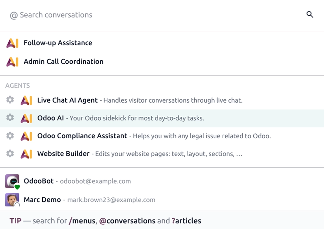 Search conversations, agents and articles in Odoo Discuss