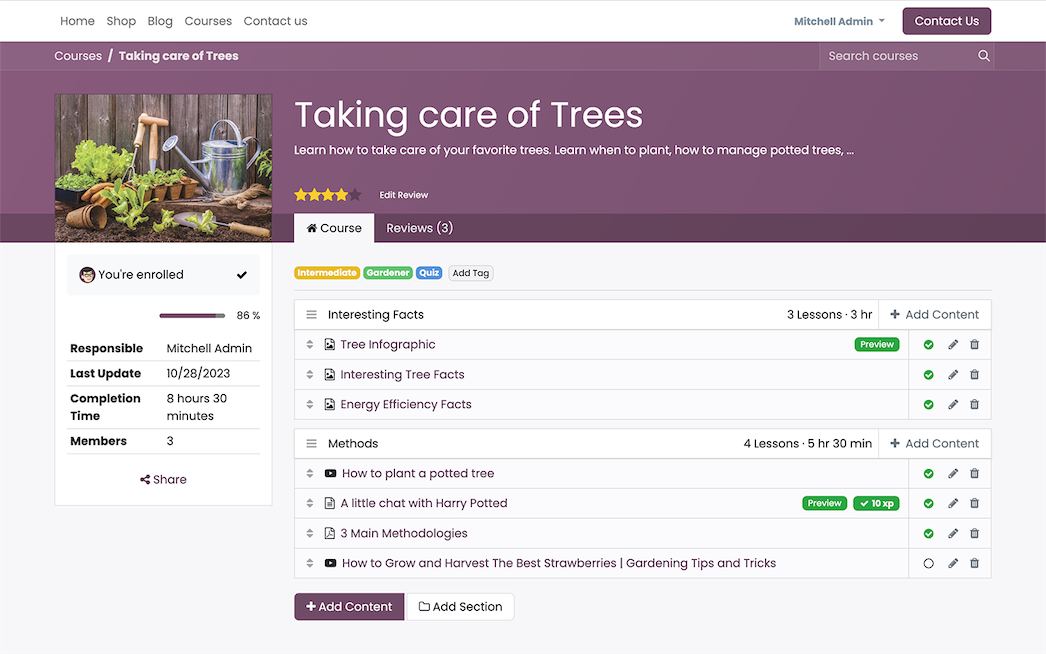 Interface de l'app Odoo eLearning