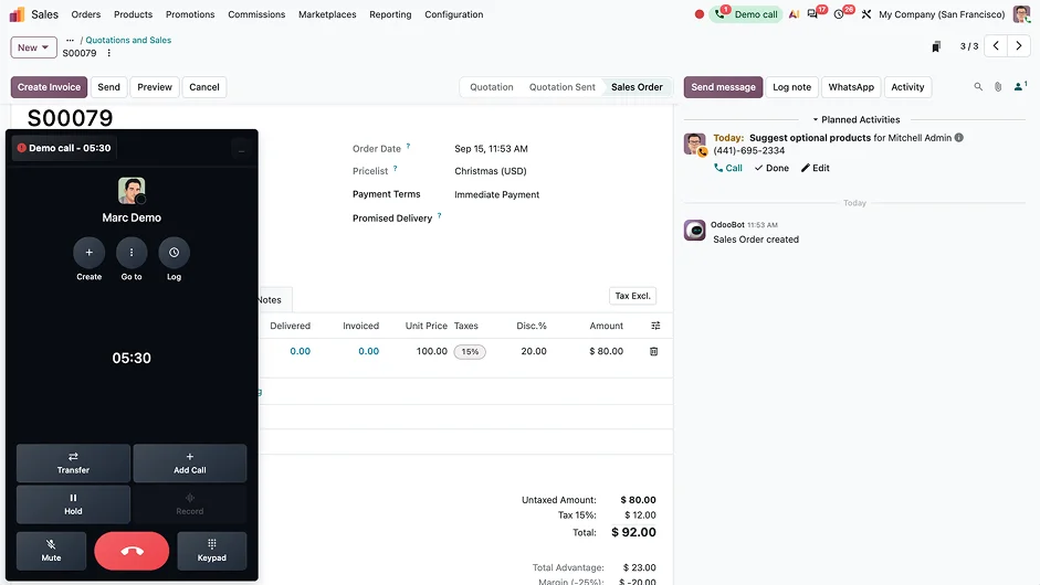 A call in progress next to the customer's sales order, with the call logged in the chatter