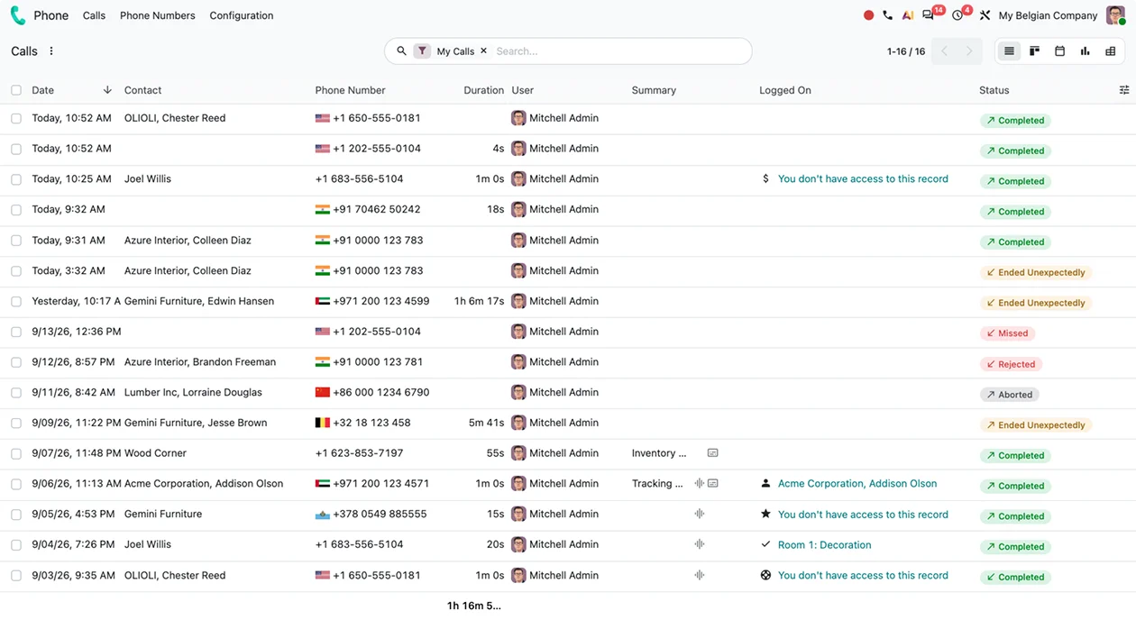 Odoo Phone call log with the softphone dialer open on an outgoing call