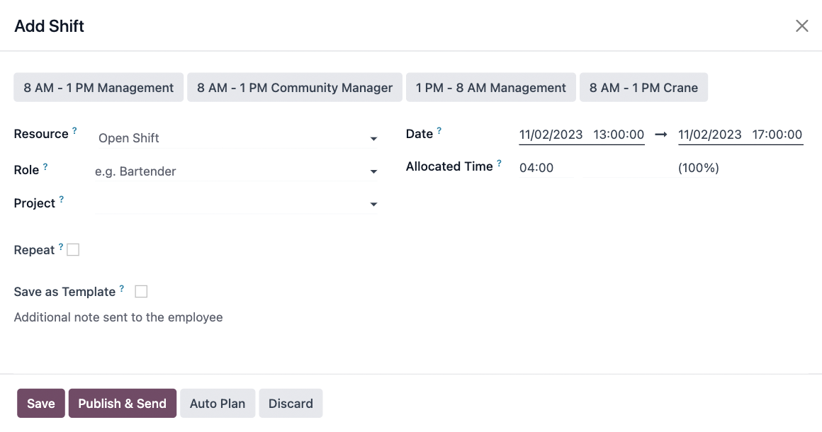 Planning - Shift scheduling modal