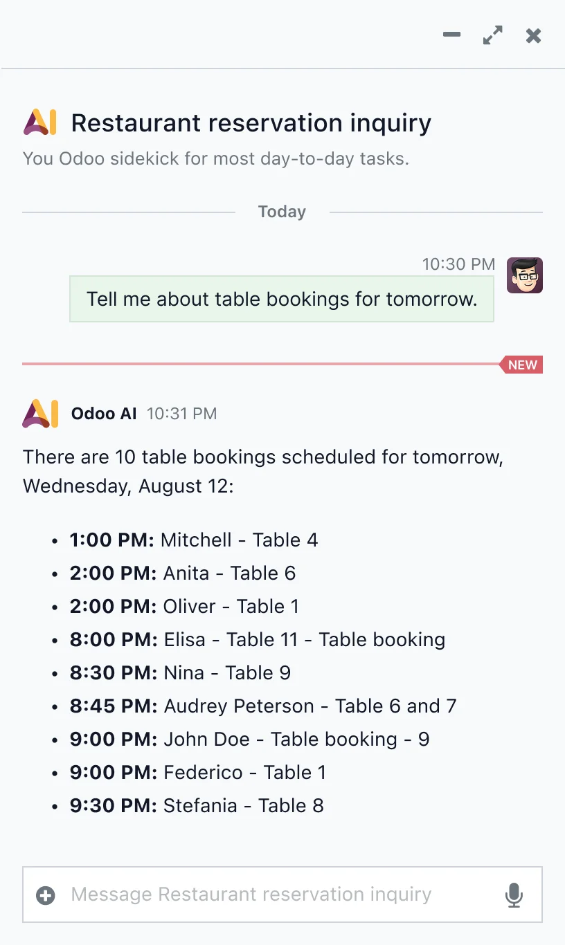Asking Odoo AI about tonight's table bookings