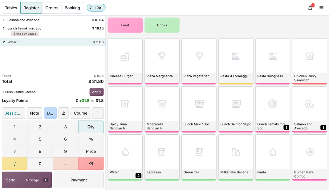 Restaurant point of sale register with the order and the product grid