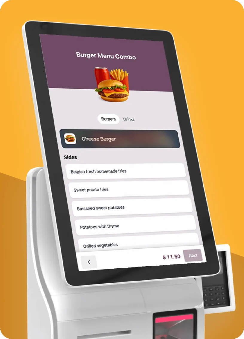 Self-ordering kiosk showing a burger menu