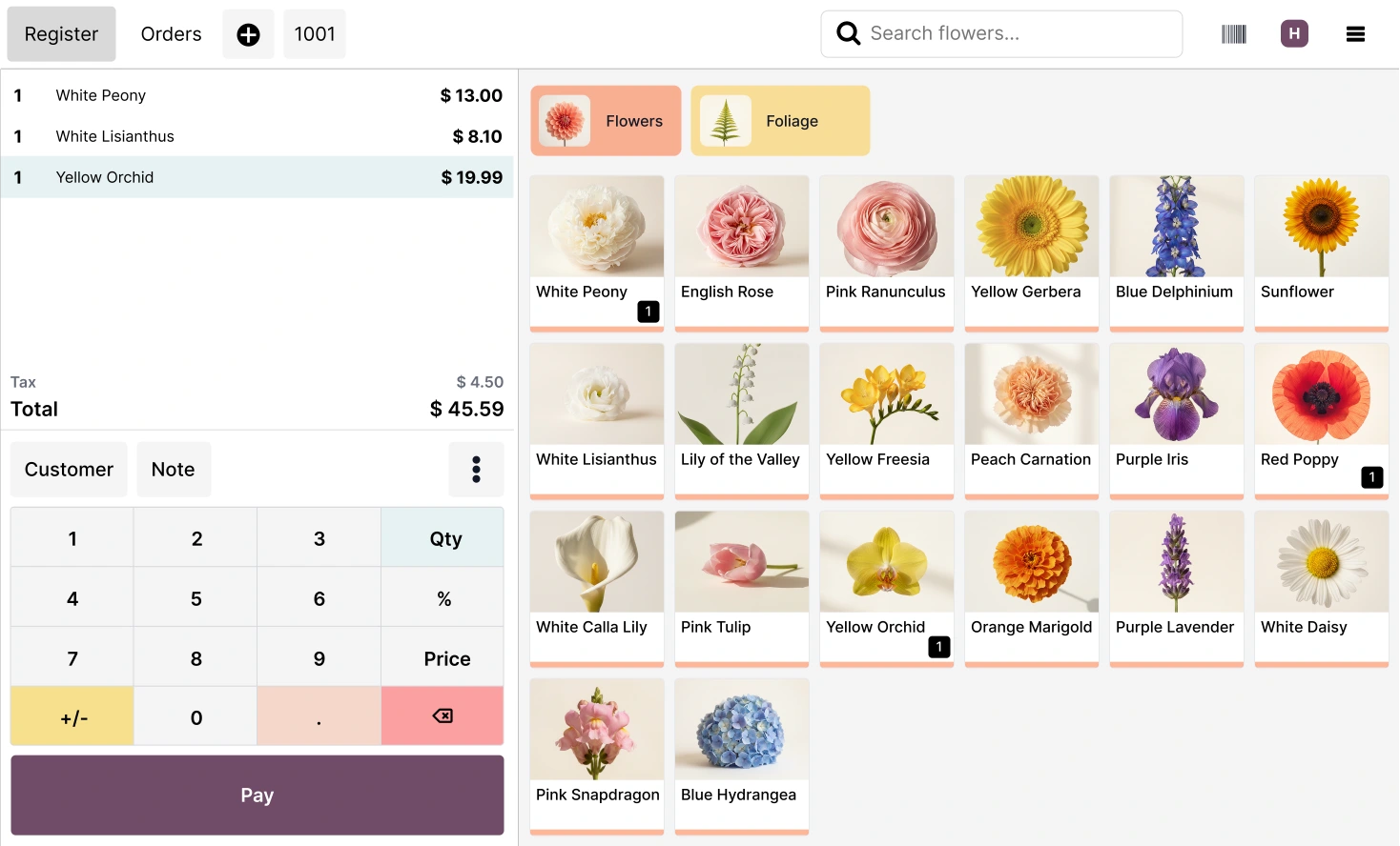 Point of Sale interface of a flower shop