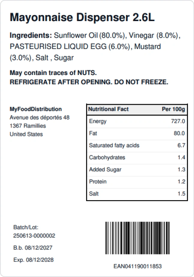Product label with ingredients and nutritional facts