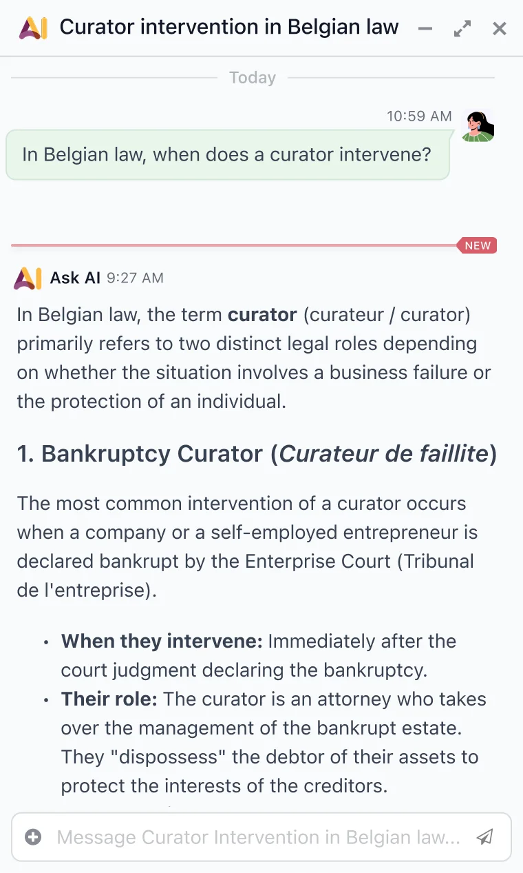 Odoo AI chat answering a question on Belgian law